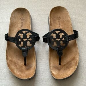 Tory Burch Miller Cloud Thong Sandals Black Patent Leather Cork Womens Size 6